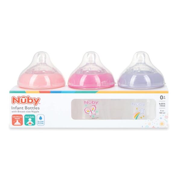 Nuby 3-Pack Infant Feeding Bottles Breast Size Silicone Nipple (0+ Months 6oz) - Picture 1 of 4